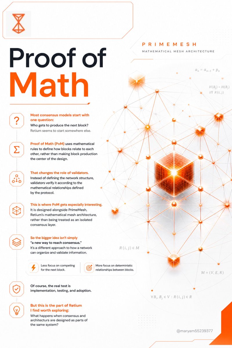 Maryam55239377's tweet photo. Why is Proof of Math more than just another consensus mechanism?

1/
Most consensus models start with one question:

Who gets to produce the next block?

@RetiumChain seems to start somewhere else.

2/
Proof of Math (PoM) uses mathematical rules to define how blocks relate to each other, rather than making block production the center of the design.

3/
That changes the role of validators.

Instead of defining the network structure, validators verify it according to the mathematical relationships defined by the protocol.

4/
This is where PoM gets especially interesting.

It is designed alongside PrimeMesh, Retium’s mathematical mesh architecture, rather than being treated as an isolated consensus layer.

5/
So the bigger idea isn't simply “a new way to reach consensus.”

It's a different approach to how a network can organize and validate information.

Less focus on competing for the next block.

More focus on deterministic relationships between blocks.

6/
Of course, the real test is implementation, testing, and adoption.

But this is the part of Retium I find worth exploring:

What happens when consensus and architecture are designed as parts of the same system?

#Retium #ProofOfMath