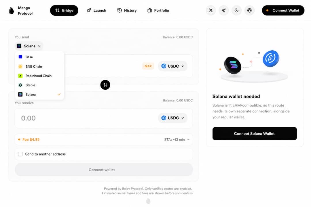 Mango_protocol's tweet photo. @Solana is now live on Mango Bridge

We’ve added @Solana support, expanding Mango Bridge to more ecosystems and giving users more ways to move assets across chains.

🌐 Supported networks.

🔗  @base
🔗  @BNBCHAIN
🔗 @RobinhoodApp 
🔗 @Stable
🔗 @Solana
🔗 @ethereum https://t.co/QAy08HdvBV