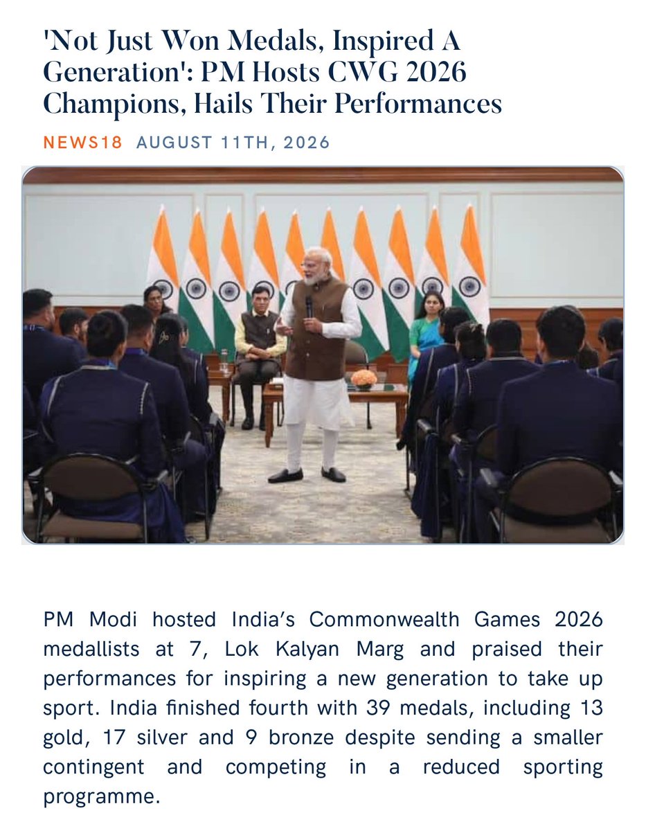 PMOIndia's tweet photo. 'Not Just Won Medals, Inspired A Generation': PM Hosts CWG 2026 Champions, Hails Their Performances
https://t.co/LPPB6uR8pm 

via NaMo App https://t.co/nQGhhW20zt