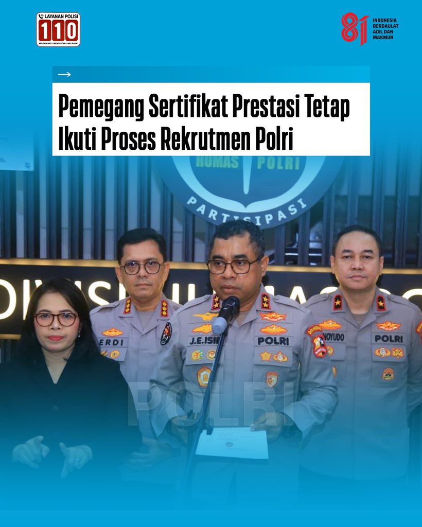 DivHumas_Polri's tweet photo. Punya prestasi bukan berarti bebas seleksi. Polri menegaskan bahwa sertifikat atau piagam prestasi nasional maupun internasional, termasuk Sertifikat Pramuka Garuda, dapat menjadi dokumen pendukung dalam proses penerimaan anggota Polri. Namun, setiap peserta tetap wajib memenuhi persyaratan dan mengikuti seluruh tahapan seleksi sesuai Perkap Nomor 2 Tahun 2026. Proses rekrutmen dilaksanakan dengan prinsip BETAH: Bersih, Transparan, Akuntabel, dan Humanis, serta melibatkan pengawasan dari berbagai pihak untuk memastikan setiap peserta memperoleh kesempatan yang sama.

“Siapa pun pesertanya, tetap harus mengikuti ketentuan dan tahapan seleksi yang berlaku. Sertifikat atau piagam prestasi merupakan bagian dari dokumen pendukung dan tidak menjadi pengganti proses seleksi,” tegas Kadivhumas Polri Irjen Pol. Johnny Eddizon Isir S.I.K., M.T.C.P., di Jakarta, Sabtu (8/8).