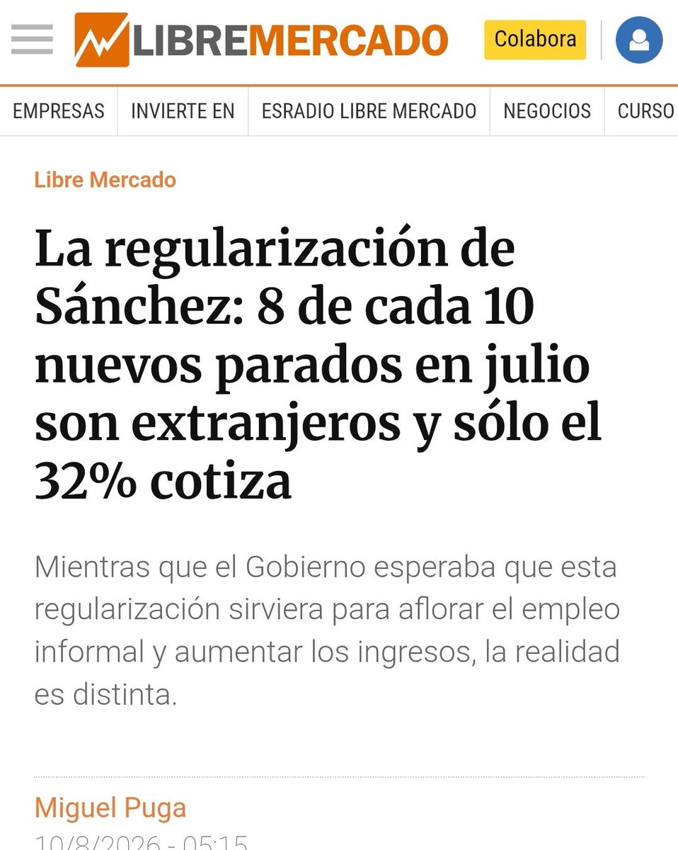 crismartinj's tweet photo. Nos dijeron que venían a pagarnos las pensiones. De momento, 8 de cada 10 personas que engrosaron el paro en julio son extranjeras.

La regularización masiva iba a sacar trabajadores de la economía sumergida, llenar la Seguridad Social de cotizantes y salvar nuestro Estado del bienestar.
Los primeros datos empiezan a ponerle números al cuento.

La propaganda prometía cotizantes. La realidad empieza a entregar parados.