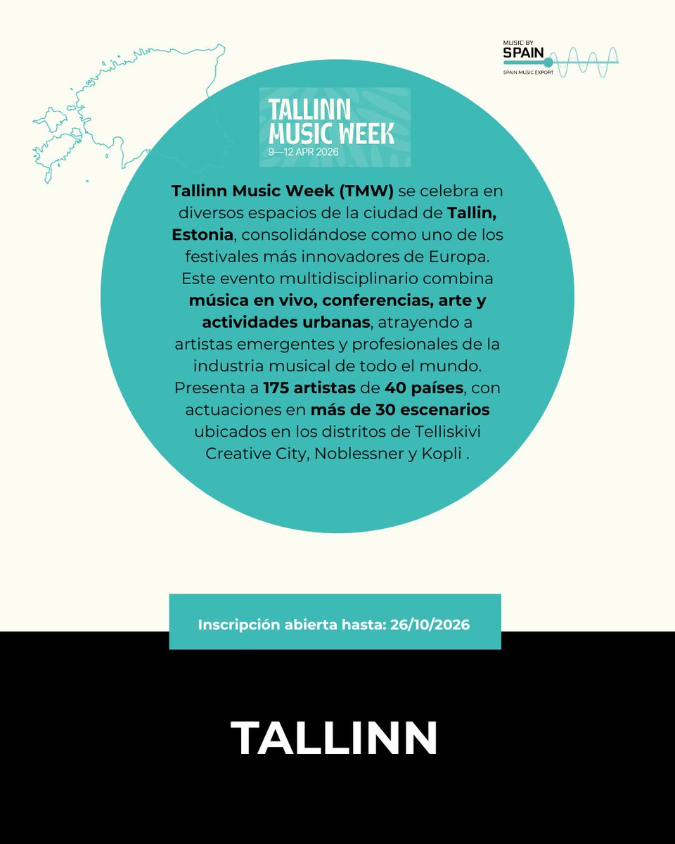 musicbyspain's tweet photo. 🔒 NUEVA CONVOCATORIA ABIERTA | TALLINN MUSIC WEEK

¿Tu proyecto está preparado para dar el salto internacional? 🌍

Tallinn Music Week (TMW) abre una nueva convocatoria para artistas que quieran formar parte de uno de los encuentros musicales más innovadores de Europa. https://t.co/1V5v7o43Wq