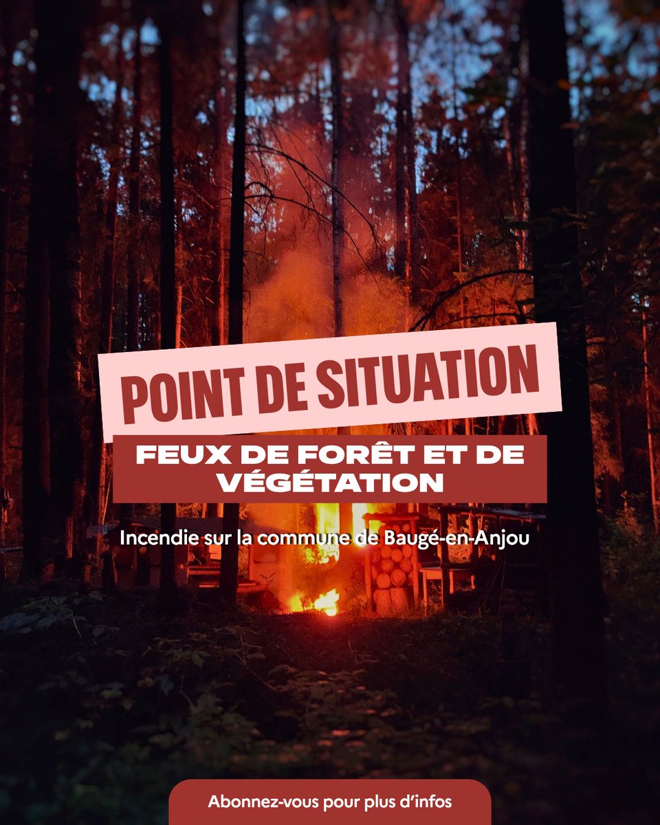 Prefet49's tweet photo. 🔥 Incendie à Baugé-en-Anjou : 50 ha de forêt parcourus. 

Aucune victime ni destruction de bâti. 

🚒 Les sapeurs-pompiers, appuyés par des renforts, poursuivent leur intervention. 

🚧 RD58 fermée : respectez les déviations et consignes. 

➡️ https://t.co/KAnX40aMmH https://t.co/fFjwSiRAwq