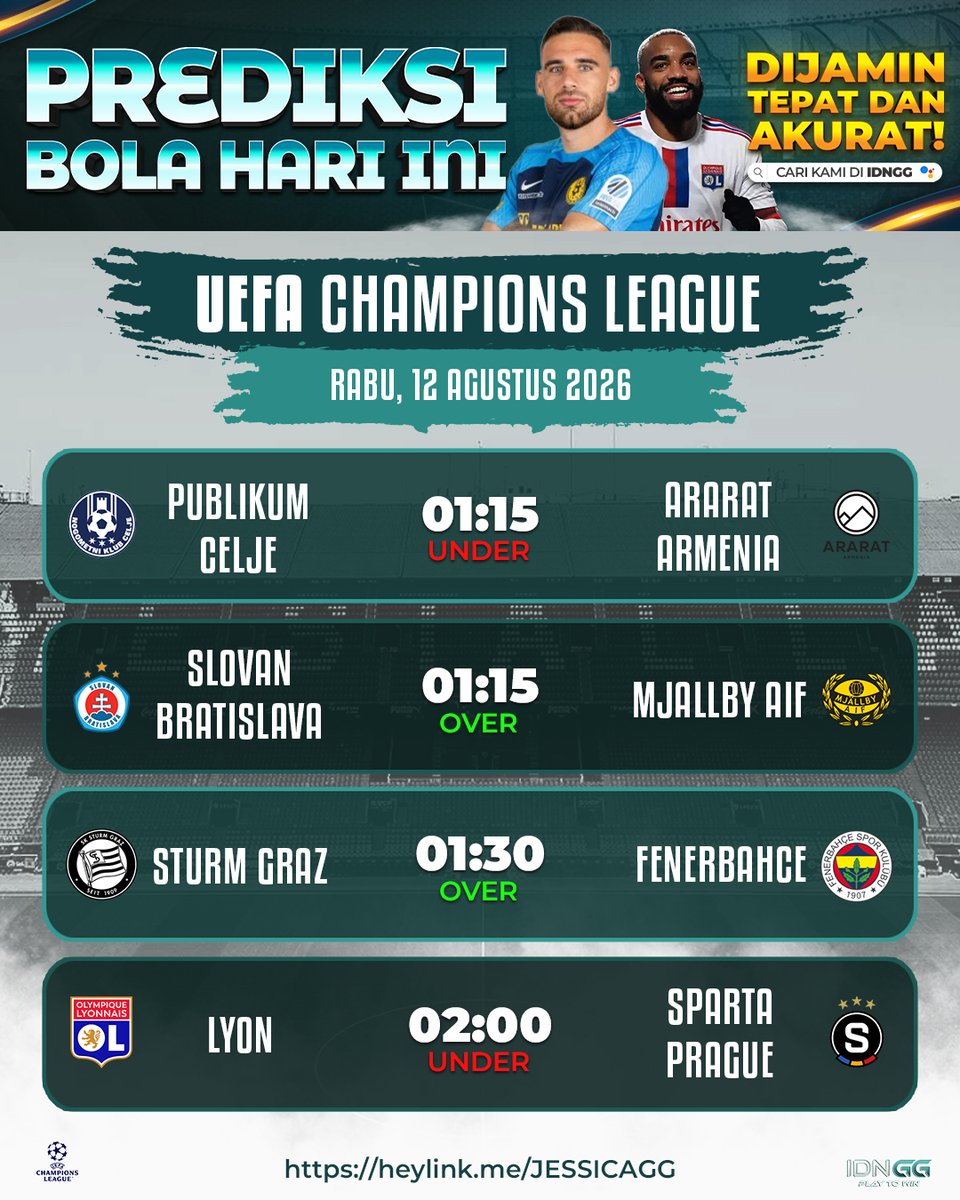 idnggplay's tweet photo. Jadwal &amp; Prediksi Bola 11–12 Agustus 2026

Simak laga pilihan dari International Friendlies, UEFA Conference League, hingga UEFA Champions League. Jangan lewatkan pertandingan seru hari ini! 

#PrediksiBola #JadwalBola #BeritaBola #InternationalFriendlies #UEFAConferenceLeague https://t.co/2LCFhxkW7o