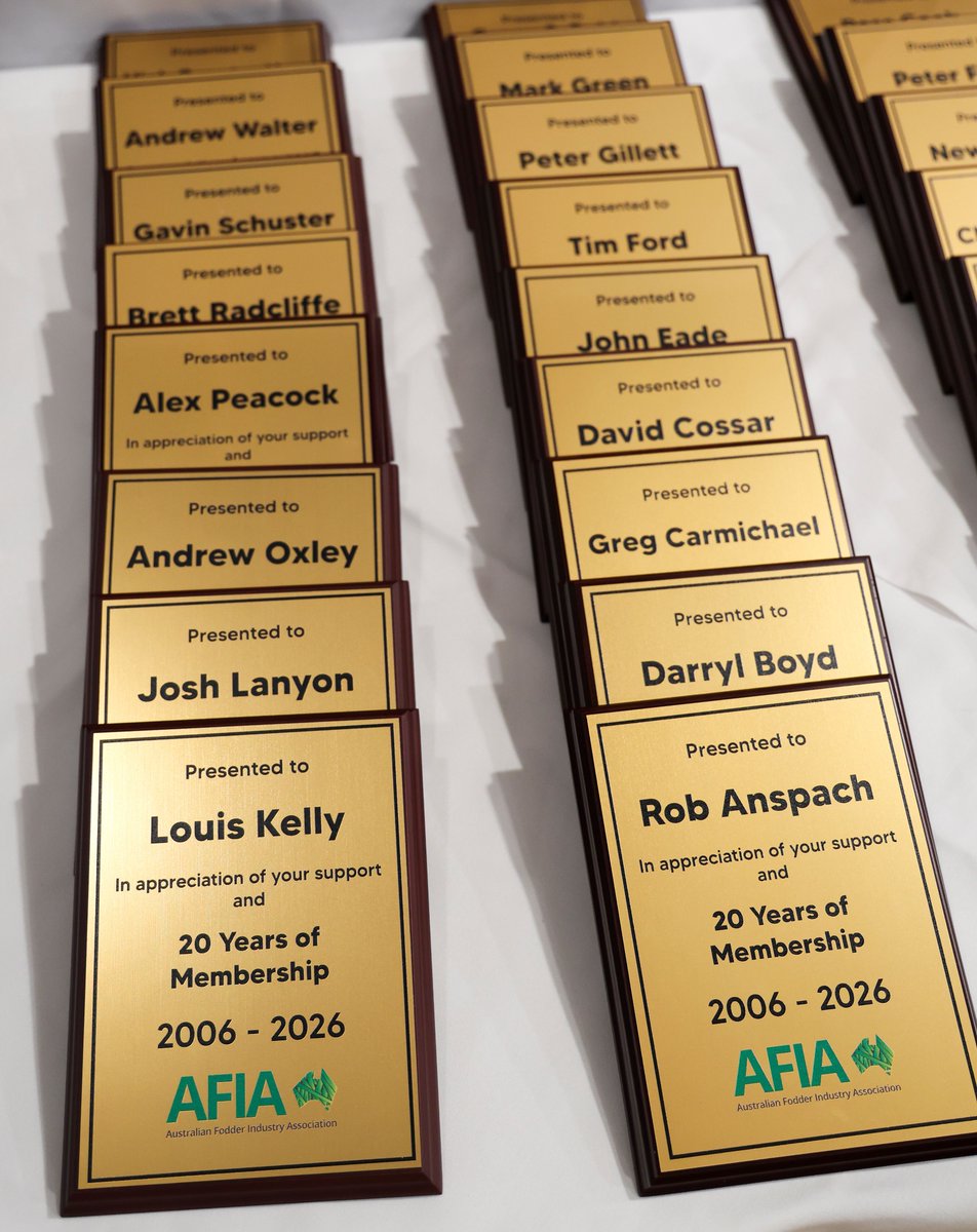 AusFodder's tweet photo. Congratulations to our AFIA members celebrating 30 and 20 years of membership! Your dedication to the Australian fodder industry is truly remarkable. 🌾 #AFIA #Agriculture https://t.co/iNr0p82VTe