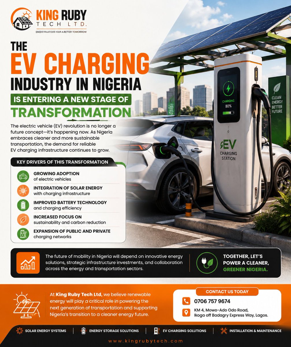 kingrubytech's tweet photo. Nigeria's transition to electric mobility is gaining momentum. ⚡

As EV adoption grows, reliable charging infrastructure powered by renewable energy will be key to building a cleaner, smarter, and more sustainable future.

#EVCharging  #SolarEnergy #ElectricVehicles #Nigeria https://t.co/8x7851vB8t