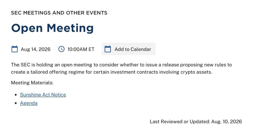 DustyBC's tweet photo. 🚨𝗕𝗥𝗘𝗔𝗞𝗜𝗡𝗚: 🇺🇸 The SEC is set to meet on August 14 to consider a new framework “for certain investment contracts involving crypto assets”. https://t.co/NU0bGoWZ2r