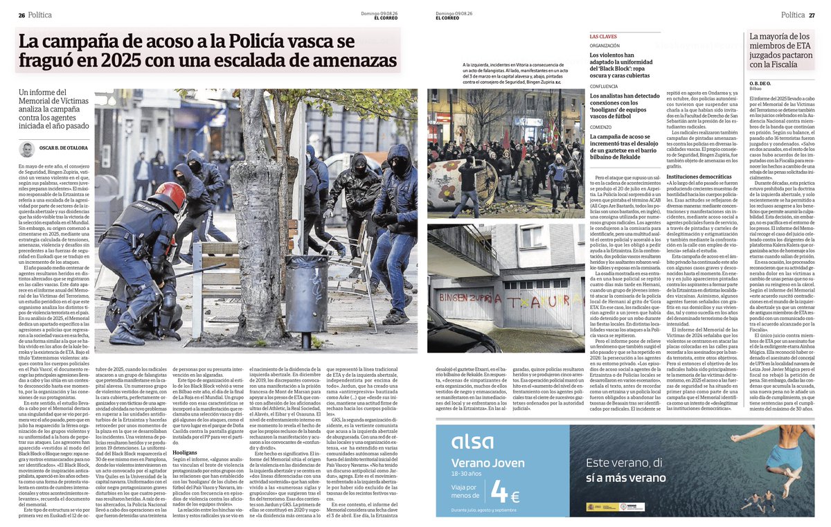 CovitePV's tweet photo. ETA, afortunadamente, ya no mata. Pero el corpus ideológico que legitimó su violencia y las prácticas mafiosas de intimidación y control social que llevaron a cabo la banda y su entorno político y social no han desaparecido.

La campaña de acoso contra la Ertzaintza demuestra que el señalamiento y las amenazas, especialmente contra quienes garantizan nuestra seguridad, siguen muy presentes en Euskadi.

El terrorismo terminó; la cultura política que lo hizo posible, todavía no.