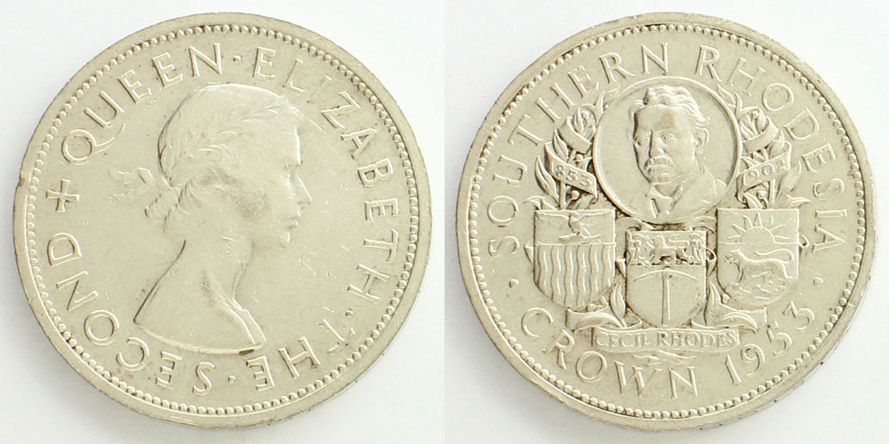 英領南ローデシア 1953年 1クラウン銀貨 エリザベス2世》 セシル