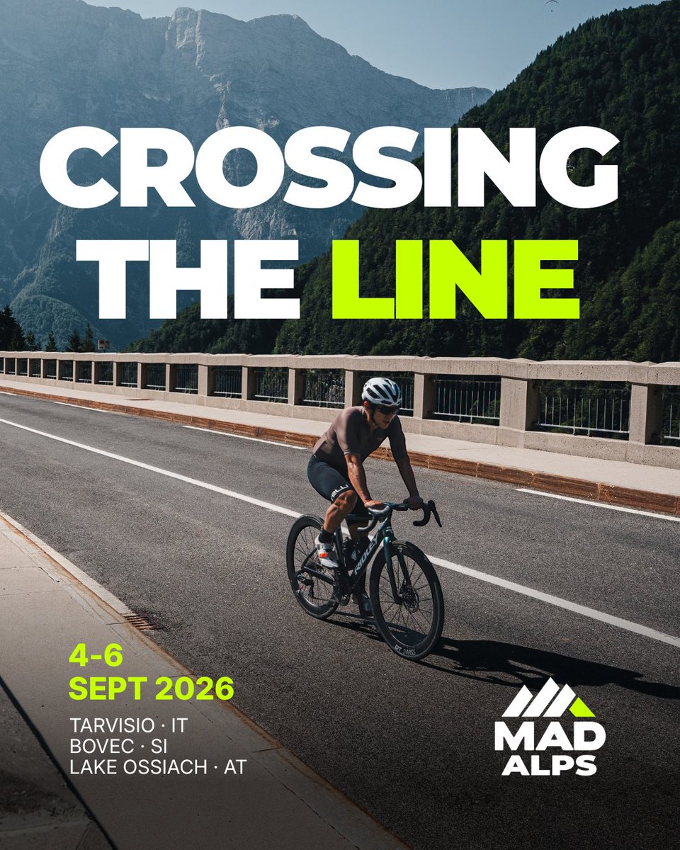 MadMountainEU's tweet photo. Some roads are made to get you from A to B.
Others make you slow down, look around and remember why you started riding in the first place.

At MAD ALPS, the journey is every bit as important as the destination. Quiet roads, alpine scenery, hidden villages and unforgettable climbs across Italy, Slovenia and Austria.

No rush.
No pressure.
Just incredible riding.
Three Countries. Two Wheels. One MAD Weekend.

📍 4–6 September 2026
🇮🇹 Tarvisio • 🇸🇮 Bovec • 🇦🇹 Lake Ossiach
👉 Registrations are now open via the link in our bio.

#MadAlps #ThreeCountriesTwoWheels #RideTheAlps #CyclingFestival #CyclingAdventure #RoadCycling #RideAustria #RideSlovenia #RideItaly #RideMore