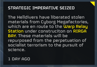 AdvancerAdva's tweet photo. Recent Strategic Imperative has been successfully seized!

Materials for the Construction of the Warp Relay Station on RIRGA BAY has been successfully liberated!

#Helldivers2 | #Helldivers | #Helldivers2GalacticWar https://t.co/dKjnFQ0vo5