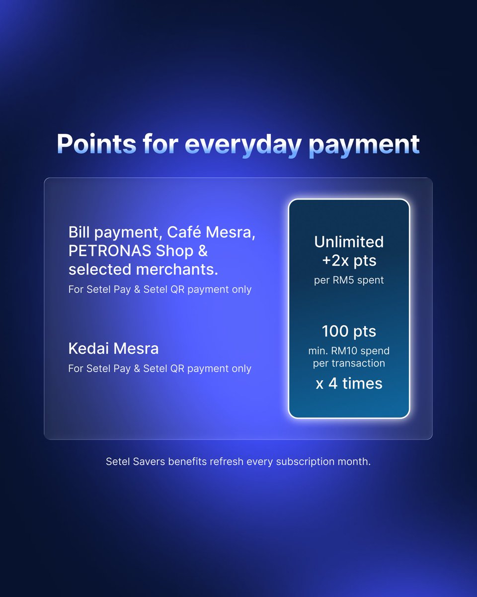 setel's tweet photo. Best part? Your Setel Savers benefits refresh every subscription month, so you can keep earning all over again 💰 https://t.co/mbIf4OdkV9