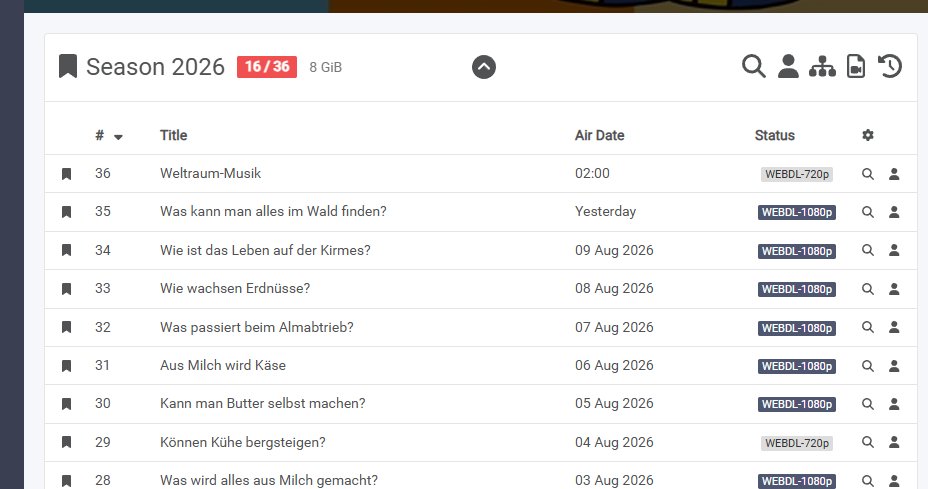 Flchsman's tweet photo. Für Sonarr einen Proxy gebaut, der sowohl Metadaten als auch Downloads aus der ARD und ZDF Mediathek zieht, um Die Sendung mit der Maus täglich zu archivieren... Nenne es zdfArr (hatte mit ZDF angefangen für Checker Tobi). https://t.co/Yc5vpYIs49