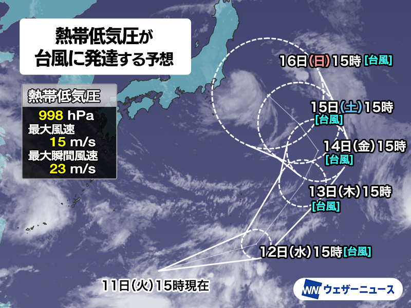 wni_jp's tweet photo. 【台風発生予想】
日本の南で発達中の熱帯低気圧について、気象庁は「24時間以内に台風に発達する見込み」と発表しました。発生すると「台風17号」と呼ばれることになります。
本州に近づく可能性があるため今後の進路に注意が必要です。
https://t.co/twntqCOGhc https://t.co/3wJgCg05H3