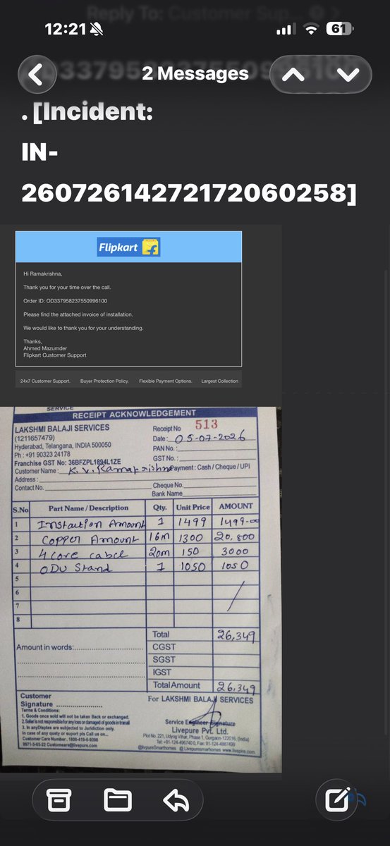 Lakmekompally's tweet photo. @_Kalyan_K  CEO, the invoice sent today is not a Flipkart/Jeeves invoice. It is a handwritten receipt from Lakshmi Balaji Services with incomplete GST details. I dispute its authenticity. Please investigate urgently and provide the genuine invoice. https://t.co/zt1sxOohRw
