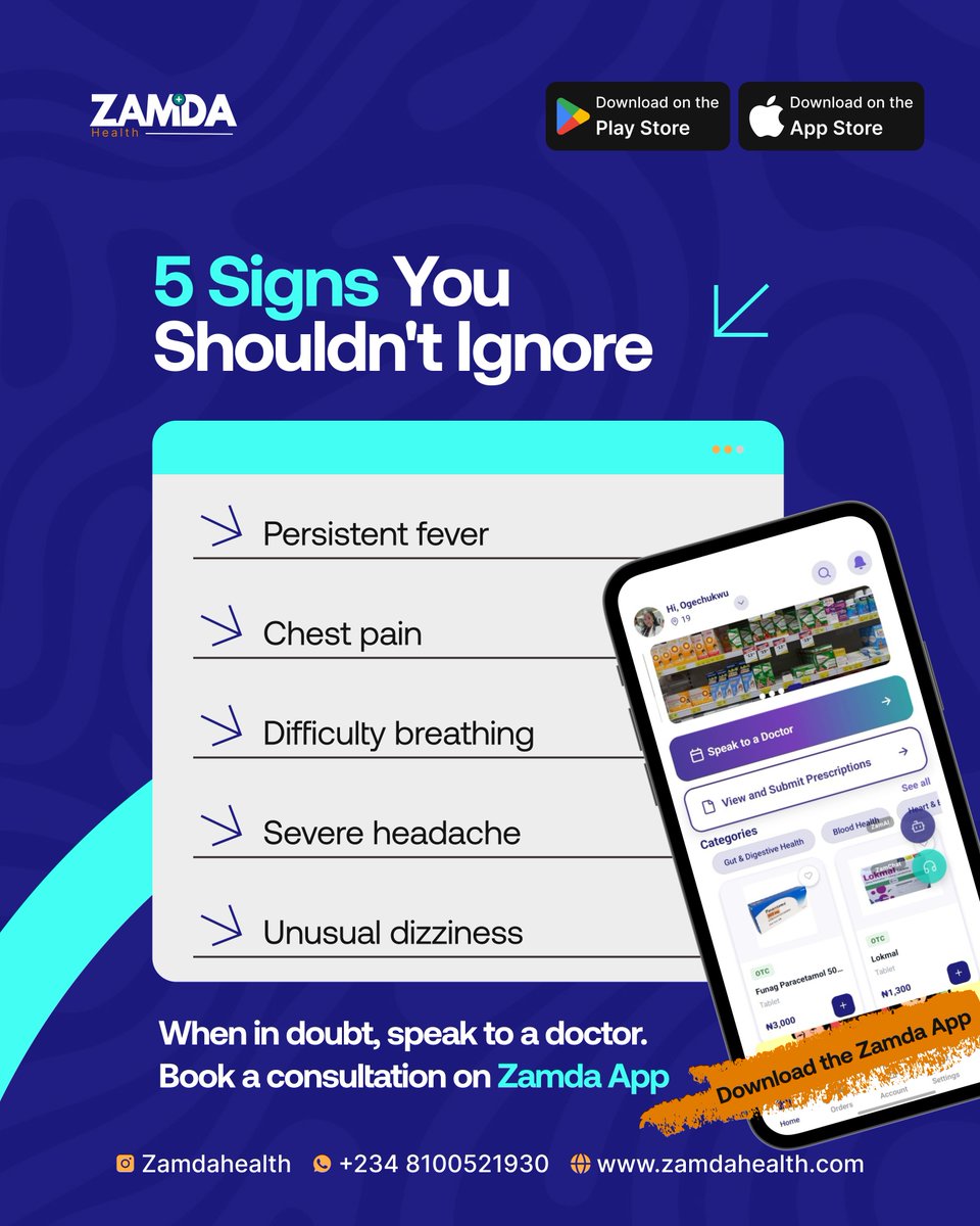 Zamdahealth1's tweet photo. Some symptoms are too important to ignore.

Persistent fever. Chest pain. Difficulty breathing. Severe headaches. Unusual dizziness.

Don’t ignore what your body is telling you. speak to a doctor.

With the Zamda App, you can book a consultation and speak to a doctor. https://t.co/XhEzvAu3rm