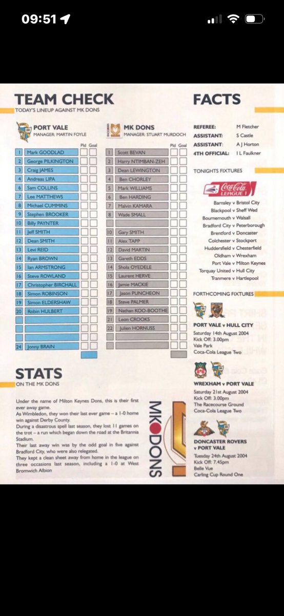 pvfcprogs's tweet photo. #OnThisDay 10/8/04

PORT VALE  3  MK DONS  2
Brooker, Armstrong 2

A first ever league meeting between the two clubs saw Vale come out on top in a five goal thriller. Steve Brooker &amp; two from Ian Armstrong, both celebrating, scored to earn the Valiants all 3pts. Att 4,602 #pvfc https://t.co/pO4s4xezsA