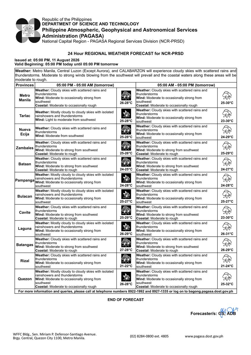 dost_pagasa's tweet photo. REGIONAL WEATHER FORECAST for #NCR_PRSD
Issued at: 5:00 PM, 11 August 2026
Valid Beginning: 5:00 PM today - 5:00 PM tomorrow

https://t.co/FgzeJ2MW3i

Help us improve our service by answering this quick survey.

Kindly follow this link: https://t.co/GG5gDsTocB. https://t.co/i4PaoXA3d8