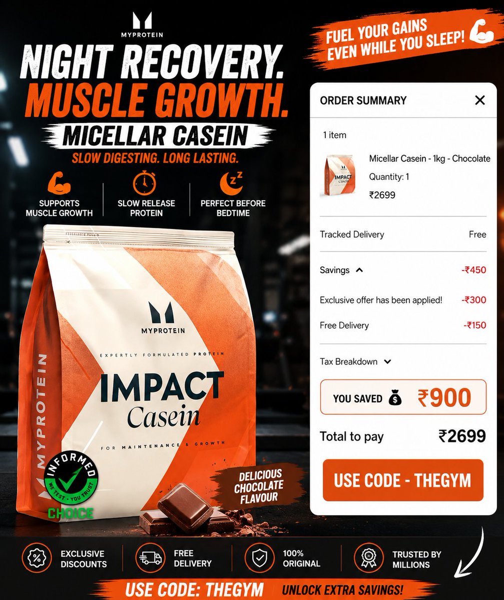 Thegymdeals's tweet photo. 💪 Myprotein Micellar Casein Deal!
1KG Chocolate for just ₹2,699 🔥
💰 Save ₹450 + Free Delivery
🏷️ Use Code: THEGYM for extra savings!
Night recovery. Slow-release protein. 💪😴
#Myprotein #MicellarCasein #CaseinProtein #Protein #ProteinDeal #GymIndia #FitnessIndia #THEGYM https://t.co/rycyJYONsT