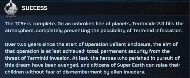 AdvancerAdva's tweet photo. Major Order Success!

The TCS+ Wall has finally been completed, preventing the possibility of future Terminid Invasions!

#Helldivers2 | #Helldivers | #Helldivers2GalacticWar https://t.co/I8Cl2LuWl0