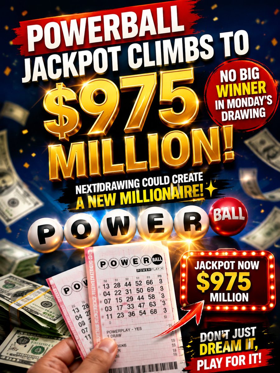 isratshin's tweet photo. 🚨 POWERBALL UPDATE 🚨

💰 Jackpot jumps to a massive $975 MILLION after Monday’s drawing produced no big winner! 😱

Could the next drawing create a new millionaire? 👀🔥

🔗 https://t.co/bjgq88Nvkl

#Powerball #Lottery #Jackpot #Winning #Trending https://t.co/KJO1jJSNdW
