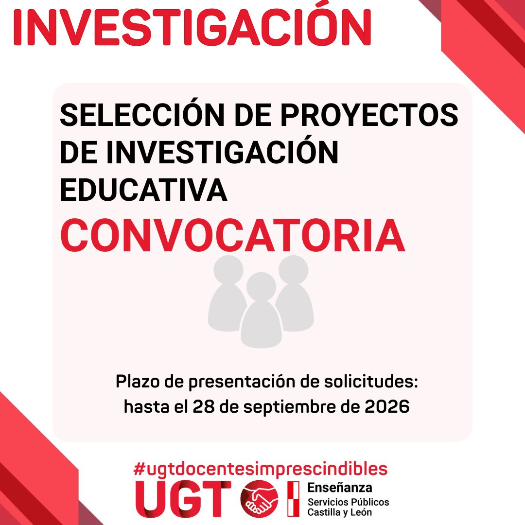 UGT_DocentesCyL's tweet photo. 📌 Selección de proyectos de investigación educativa a desarrollar por docentes e inspección en los cursos 2026-2027 y 2027/2028. Convocatoria

👉 Más información: https://t.co/LueTxd7Hi2
#conugtganas
#docentesimprescindibles https://t.co/imMdgaLvS9