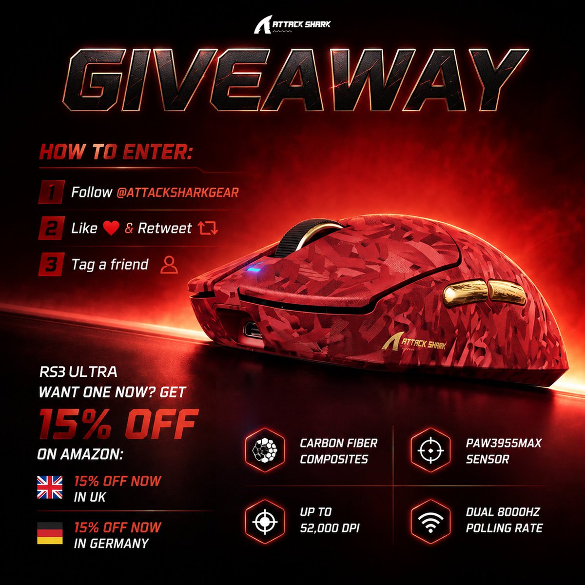 ATTACKSHARKGEAR's tweet photo. 🎁 RS3 ULTRA GIVEAWAY 🎁

Win an ATTACK SHARK RS3 ULTRA Gaming Mouse! 🔥

How to enter:
1️⃣ Follow @ATTACKSHARKGEAR
2️⃣ Like ❤️ & Retweet 🔁
3️⃣ Tag a friend 👇

🔥 Want one now? Get 15% OFF on Amazon:
🇬🇧 Amazon UK: https://t.co/OeGCfp1bWf
🇩🇪 Amazon Germany: https://t.co/UStAukEY2C

⚡ RS3 ULTRA Highlights:
• Carbon Fiber Composites
• PAW3955MAX Sensor
• Nordic 54L15 Chip
• Up to 52,000 DPI
• 63±3g Ultra-Lightweight
• Dual 8000Hz Polling Rate — Wired / Wireless
• 20,000 FPS Static Scan Rate
• Omron Optical Microswitches — 100 Million Clicks
• TTC Gold Scroll Wheel Encoder
• 5-Level Adjustable LOD

Good luck! 🍀

#ATTACKSHARK #RS3ULTRA #Giveaway #GamingMouse #PCGaming
