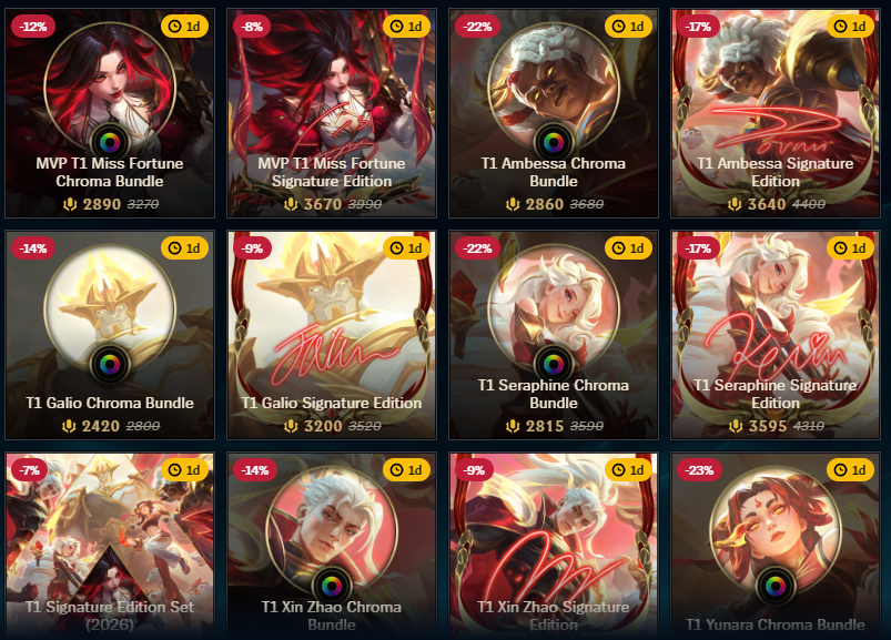 SkinSpotlights's tweet photo. New PBE Day, not sure what to expect been a couple of smaller patches but the PBE after this is the Hall of Legends so wouldn't be surprised if its on the smaller side again.

As a side reminder, T1 bundles leave the store soon in roughly 26 hours, individual T1 skins will still be around for a bit though.