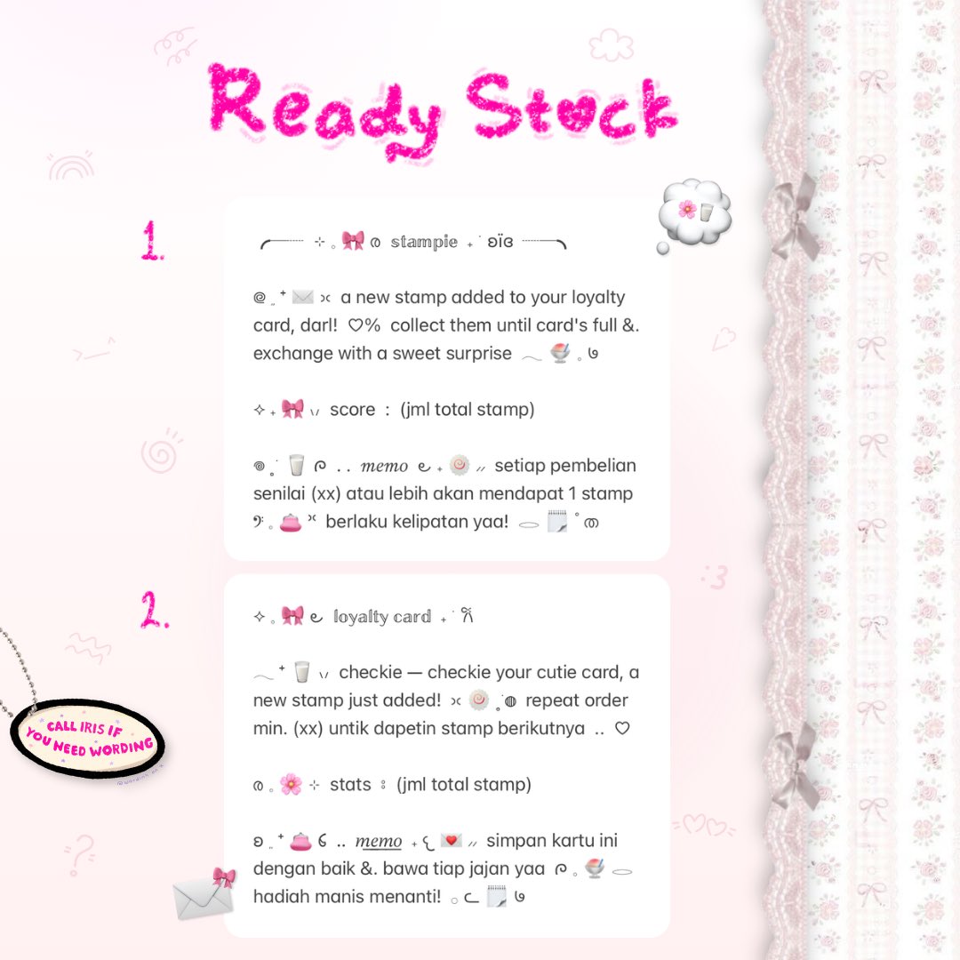 wordinh's tweet photo. ⠀
𝚑𝚎𝚕𝚙 𝚛𝚎𝚙𝚘𝚜𝚝 𝚙𝚕𝚎𝚊𝚜𝚎  ..  ♡

🎀🥛  back in stock!  < LOYALTY CARD WORDING >  🍥  only @ 5.500 coins / each!  🌸  avail req ganti emoji yaa, tman—tmun!  ✉️  scroll down to see more iaa  🍧💬

t  :  #bealanja rs ready stock loyca https://t.co/uHd0QKJQKC
