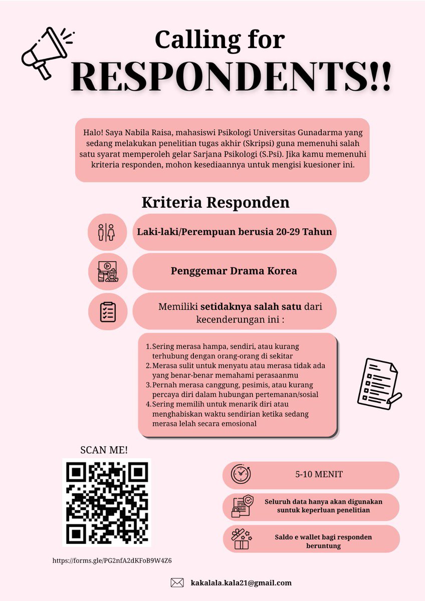 kala_space's tweet photo. CALLING FOR RESPONDENTS 📢]
​Halo teman-teman! Bagi kamu K-Drama Fans, berusia 20–29 tahun, Dan suka marathon.

mohon bantuannya untuk mengisi kuesioner penelitian skripsi aku yaa!!

​⏱️ Estimasi waktu: 5–10 menit
🎁 Ada reward saldo e-wallet untuk responden terpilih
 Link ⬇️⬇️⬇️ https://t.co/5MkRJemHGR