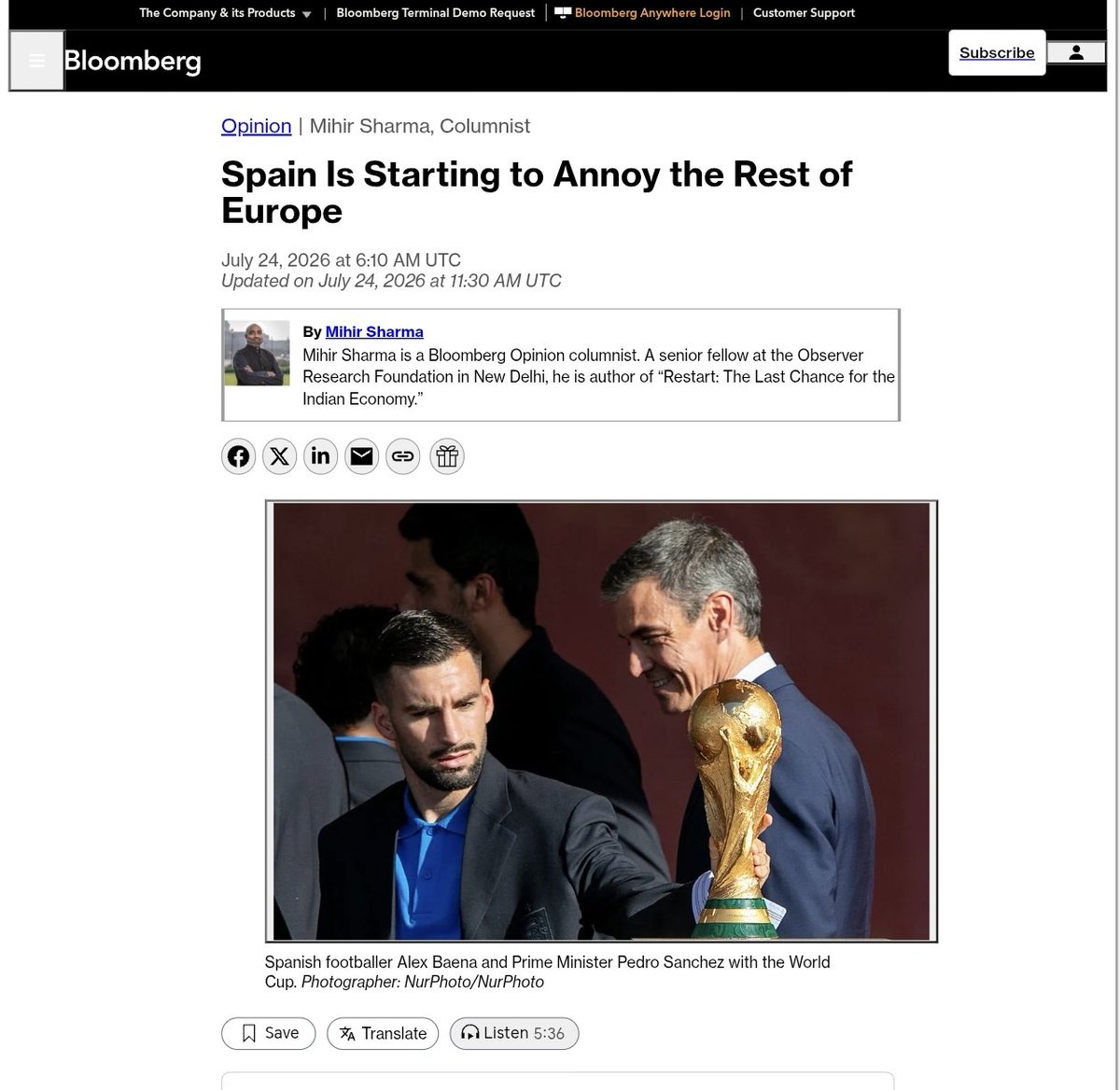 ivanhayala's tweet photo. "España empieza a molestar a sus socios europeos". Sigo leyendo y el delito es: crecer a buen ritmo, abaratar la energía con renovables, hacer con la migración un círculo virtuoso y negarse al 5% d Trump en la OTAN. Ah, OK: molesta porque deja desnudos a otros gobiernos europeos https://t.co/e8PyaKL7li