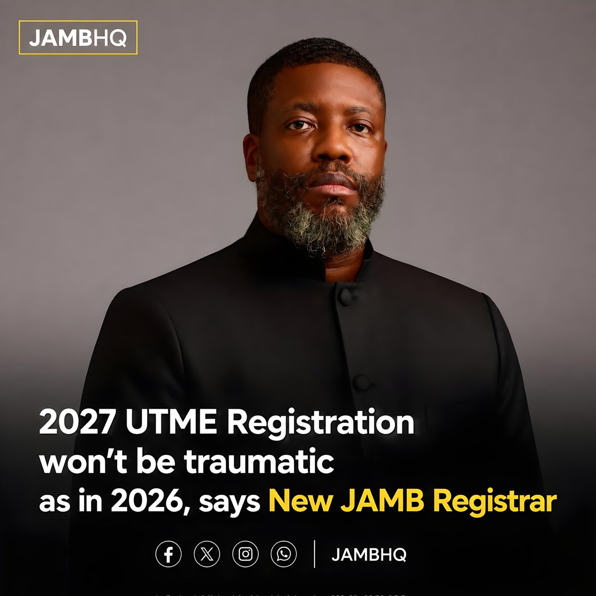 JAMBHQ's tweet photo. JAMB Registrar Segun Aina says 2027 UTME registration will be less stressful than 2026. A new mobile platform will allow home registration, cutting the process from 20 minutes to just 2-3 minutes.
#JAMB #UTME2027 #JAMBHQ #NigeriaEducation https://t.co/7ZpoGxgcUW