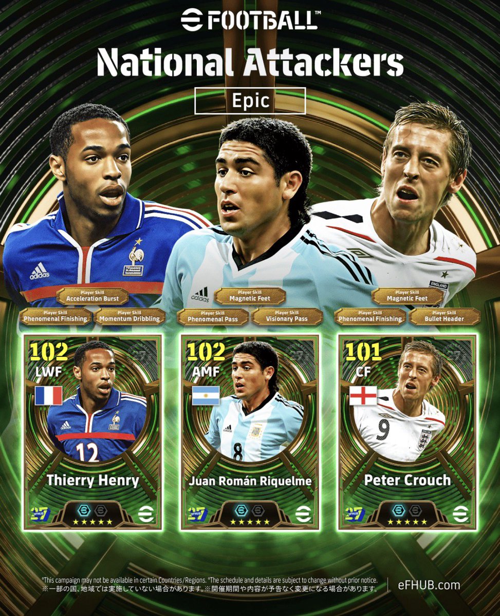JEJE81237's tweet photo. [𝐂𝐎𝐍𝐂𝐄𝐏𝐓-𝐀𝐑𝐓] Epic : National Attackers 🌍🚀

🇫🇷 Thierry Henry
🇦🇷 Juan Román Riquelme
🏴󠁧󠁢󠁥󠁮󠁧󠁿 Peter Crouch

#eFootball2027 | #eFHUB https://t.co/i0IWTNtQmq