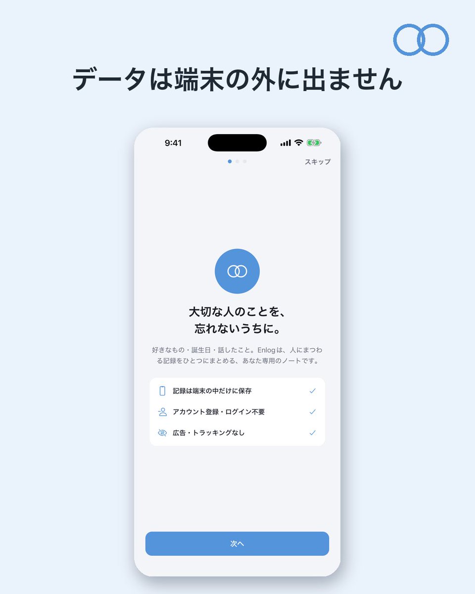 kamihork's tweet photo. iOSアリ「Enlog」をリリース！

友達や同僚の「好きなもの・苦手なもの・誕生日・話したこと」を記録する、自分専用のノートです。

アカウント不要、広告も追跡もなし。

@RevenueCat の #Shipaton に参加中🚀
#BuildInPublic #個人開発 https://t.co/ZXiK7M9DLr
