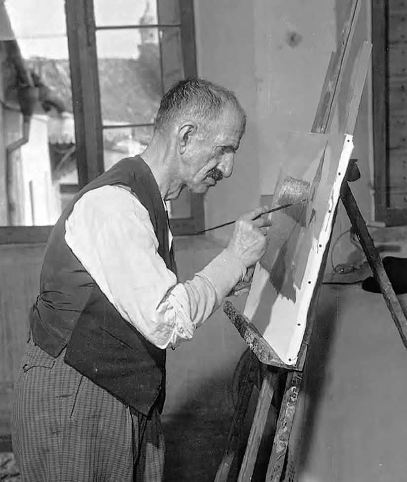artribune's tweet photo. #fotodelgiorno: Antonio Ligabue mentre dipinge negli anni 60 https://t.co/HfSp6zuwYj