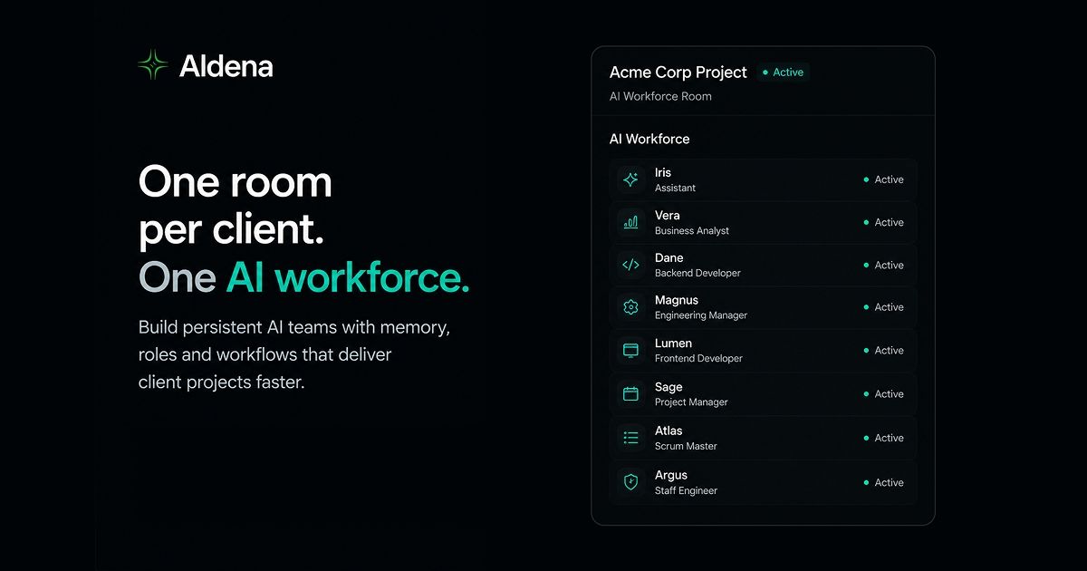 PraneetBrar's tweet photo. AI adoption is moving beyond individual chatbots toward systems that can coordinate specialized work. The harder founder challenge is not finding another AI tool, but designing clear ownership, goals, and collaboration between agents.

Aldena addresses this by letting teams create dedicated rooms where AI agents operate within a hierarchy and work toward shared objectives. It could help founders, operators, and technical teams turn scattered prompts into repeatable workflows; the team behind @aldena_ai is exploring what AI-native management may look like.

https://t.co/jBbuulphXw

What work would you delegate to an agent hierarchy first—and where would you still require human approval?

Launch your project on https://t.co/xvYyNtavxa and get featured on our social media and blogs.