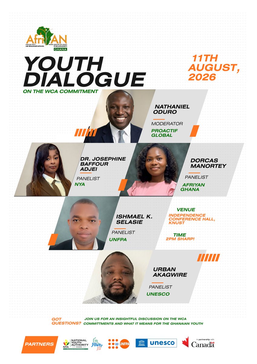 nathan_oduro's tweet photo. Join us at the National Youth Conference at Independence Hall @KNUSTGH  for an exciting side event hosted by @AfriYANGH as we unpack Ghana’s WCA Commitment and explore what it really means for young people.

💬 What does the commitment mean for YOU?
🎯 How can young people hold duty-bearers accountable?
🔥 And most importantly—how can we turn commitment into ACTION?

Don’t just hear about the commitment. Understand it. Own it. Act on it!

📍 National Youth Conference
🤝 AfriYAN Ghana Side Event

#NationalYouthConference #AfriYANGhana #GhanasWCACommitment #YouthLeadership #YouthVoices #YouthSRHR #CommitmentToAction