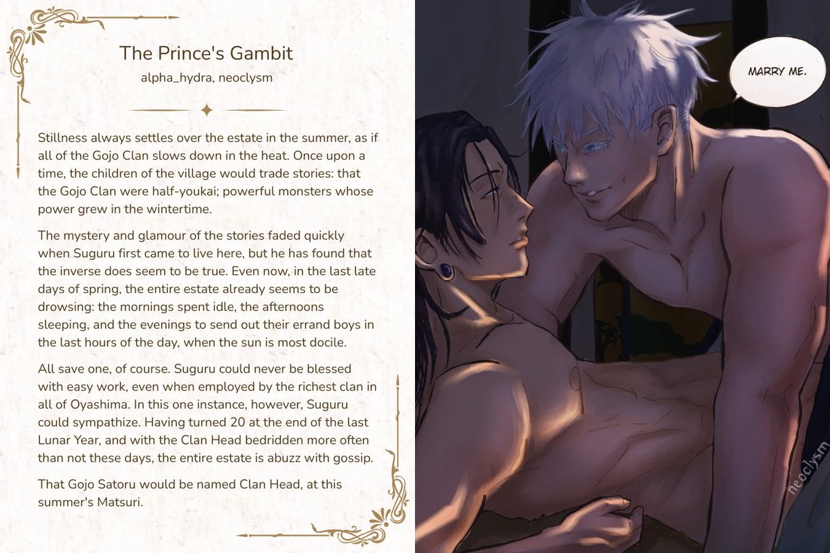 stsgbigbang2k25's tweet photo. ✨ The Prince's Gambit ✨
· Rated M
· Prince Gojo x Servant Geto
· Crossdressing, fake courting
· The Bachelor, but it's fantasy feudal pseudo-Japan
Created by alpha_hydra and @neoclysm for the Tale as Old as Time #GoGe Big Bang 📚 #SatoSugu #五夏
🔗 https://t.co/ZbwfUHM34Y https://t.co/W1bYeGoV4C