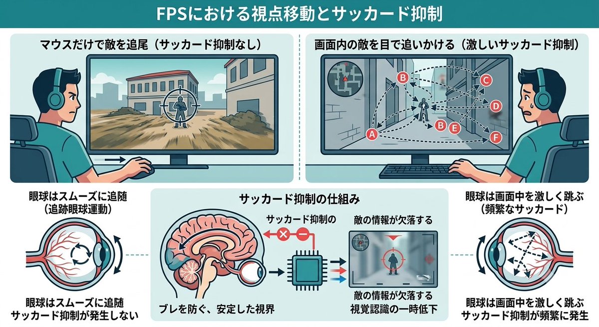 decsy12decsy's tweet photo. 目で追うほど、エイムはブレて遅れる【改訂版＋実践編】
・敵を目で追うと『サッカード抑制』が発生する
→脳が勝手に視覚情報をカットする
→深刻な目の疲労と網膜剝離のリスク
→視覚情報が荒くなる（1回の操作で最低2回は悪化）

・手順が増えて反応が遅くなる
・FPSは「マウス」がほぼ唯一の視点移動の手段
・上手い人はマウス操作で敵に直動するため目で追う時間がほぼ無い
→手の精度の低さを視線移動でカバーするのはデメリットが極めて大きい
→目で追うのが少ないほど、反応は速く視認性も正確になっていく（※画像2枚目参照）

【実践編】
『目ではなく手で追う』

1. 敵が現れても、直接「目」で捉えに行かない。

最初のうちは目を動かそうとする反射をグッと我慢。

2. 周辺視野で視界に入ったら、 即マウスを滑らせ、
「手で捕捉する」習慣をつける。

索敵もモニター内をキョロキョロするのではなく、
可能な限り手でマウスを動かし索敵する。

照準が合うのが確実に速くなり、そうでない人より有利。
網膜剥離の心配もなく、視覚情報は極めて正確。

※眼科医の根拠記事
※詳細解説
👇の返信欄に掲載
エイムに伸び悩む人の自己分析にお役立てください。
