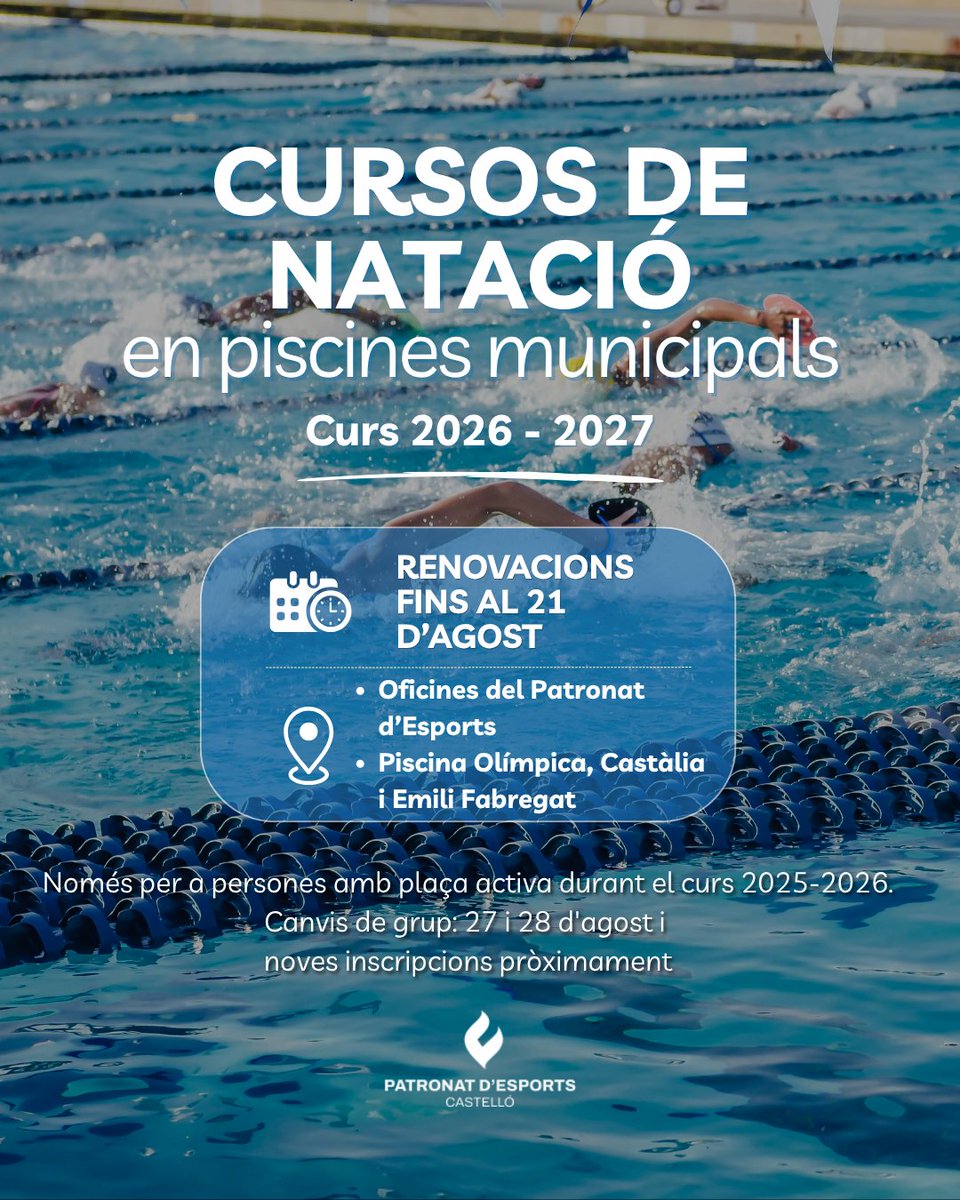 PatronatEsports's tweet photo. @AjuntCastello 🏊‍♀️ Ja pots renovar la teua plaça per als cursos de natació municipals 2026-2027!

Si has estat inscrit o inscrita de manera ininterrompuda entre novembre de 2025 i maig de 2026, ja pots renovar la teua plaça.

🔗 https://t.co/pK7o0z6fJl
#CastellóÉsEsport https://t.co/vJGPplRumm