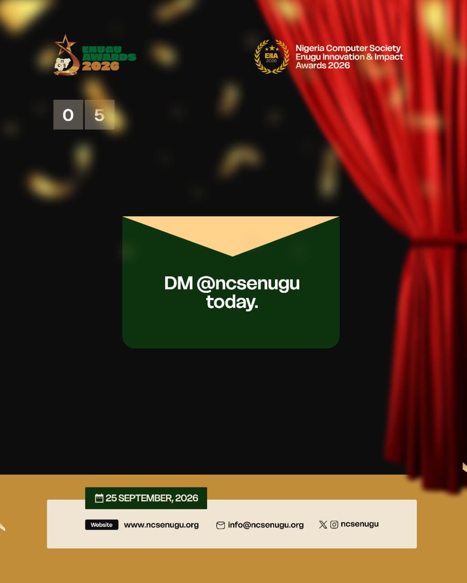 ncsenugu's tweet photo. Ready to put your brand in the room? 🎟️

The Enugu Innovation &amp; Impact Awards 2026 is bringing the ecosystem together.

If your brand should be part of it, send a DM to @ncsenugu today.

25 September 2026.
Enugu.
One night. Big room. Bigger possibilities. https://t.co/md3WBCgt8Z