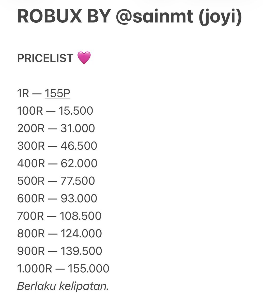 toesoro's tweet photo. 💨 𝑶𝑷𝑬𝑵 𝑹𝑶𝑩𝑼𝑿 𝑶𝑹𝑫𝑬𝑹 💨

₊˚⊹ 1R — 155P
₊˚⊹ 100R — 15.500

♡ robux via username (@)
♡ clean 100% ada proof
♡ bisa beli eceran
♡ payment via qris &amp; rekber tersedia

order langsung lewat WhatsApp di bio ya 🙌🏻
 #zonauang https://t.co/YQpRuVVytW