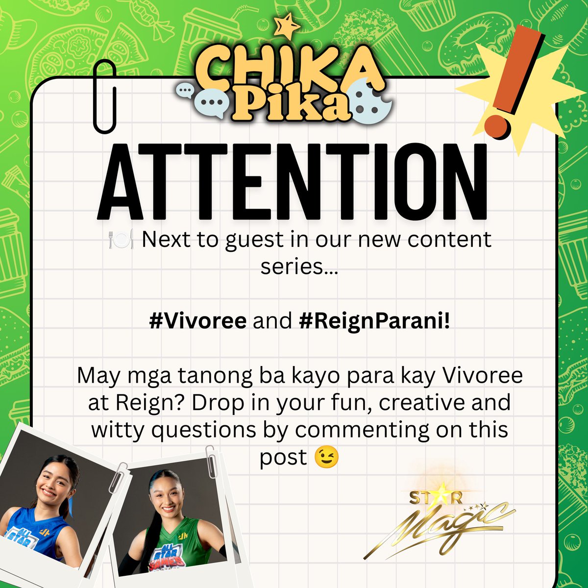 starmagicphils's tweet photo. 🏐Kung game din sila for volleyball, game din sila for #ChikaPika! 

That’s right - #Vivoree and #ReignParani are up next for our #TaTalkStarMagic content! 

You know the drill. Send in your questions for Vivoree and Reign NOW!

#StarMagicAllStarGames2026 https://t.co/6QTW4jSUMF