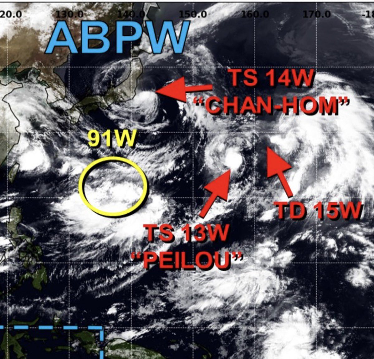 morizo0727's tweet photo. 今来てる台風（14W）の他に、13W、15Wと台風の卵もいる😳

今年台風多い年❓ https://t.co/TDkUaiY1aA