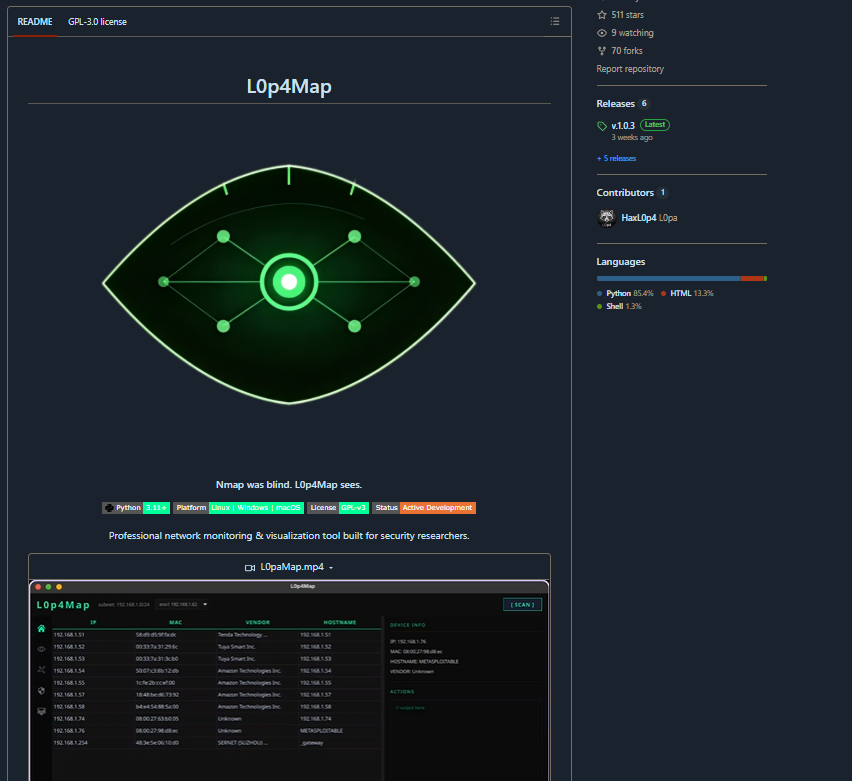 DNAQuantum13's tweet photo. ⚡️ L0p4Map: Next-Gen Network Visibility

L0p4Map adalah tool monitoring jaringan kelas profesional yang dirancang khusus untuk security researchers dan network admins.

🔑 Fitur Utama:

🚀 High-Speed ARP Discovery 
→ pemetaan cepat perangkat dalam jaringan.

🔍 Nmap Integration 
→ langsung gabungkan hasil scanning nmap untuk analisis lebih detail.

🖥️ Cross-Platform 
→ support Linux, Windows, dan macOS.

🎨 Modern Dark UI 
→ tampilan real-time yang clean & elegan untuk visualisasi infrastruktur.

📡 Real-Time Monitoring .
→ pantau traffic & perangkat aktif secara langsung.

💡 Intinya: 
L0p4Map bikin kamu bisa melihat infrastruktur jaringan secara menyeluruh dengan visualisasi modern tanpa ribet setup manual. 
Cocok buat pentest audit keamanan maupun network management sehari-hari.

link Repo cek di coment :👇👇
