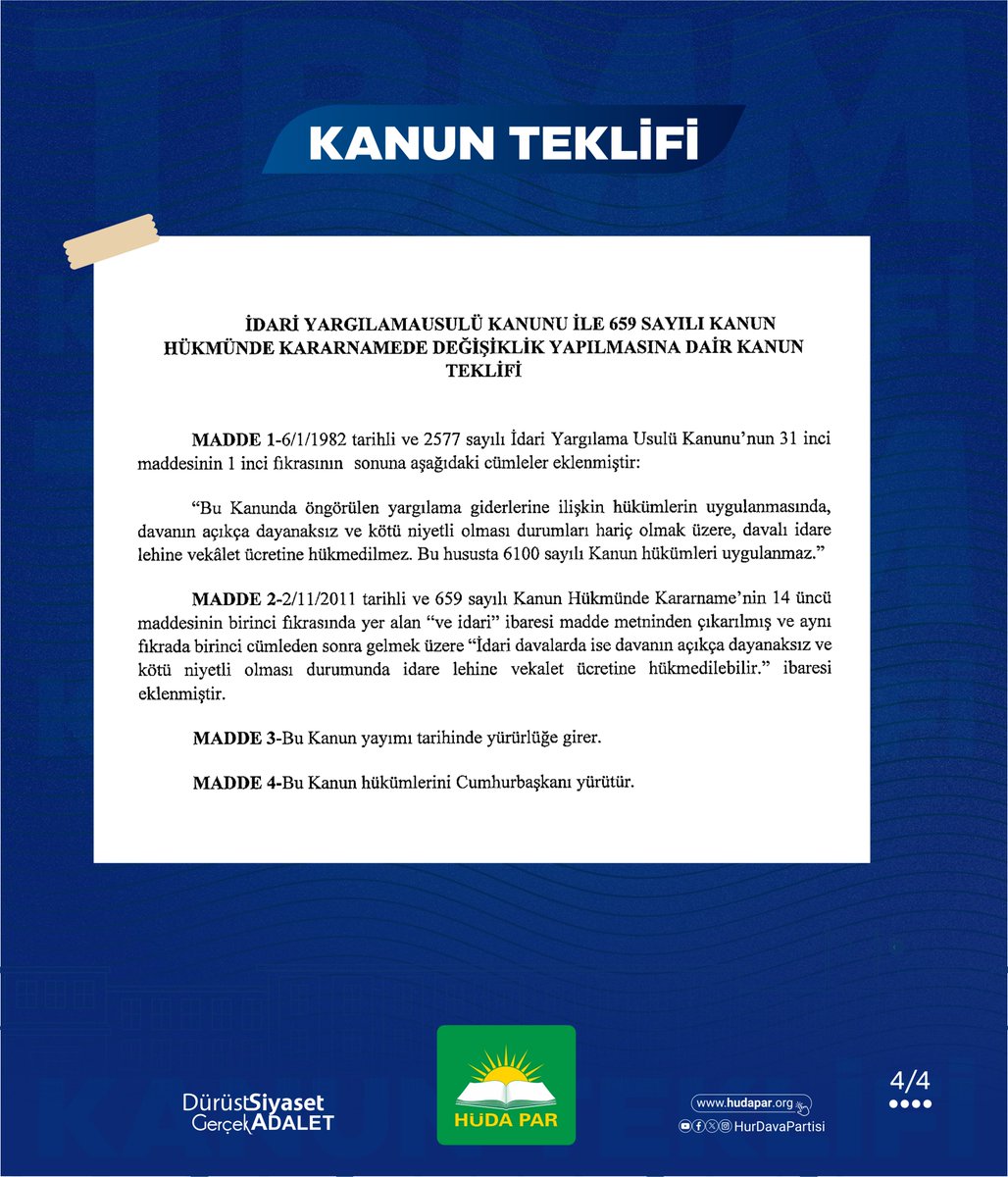 HurDavaPartisi's tweet photo. Genel Başkanımız Sayın Zekeriya Yapıcıoğlu, Milletvekillerimiz Serkan Ramanlı, Şahzade Demir ve Faruk Dinç'in imzasıyla, kamu kurumlarına karşı açılan idarî davalarda vatandaştan alınan vekâlet ücretlerinin kaldırılmasına yönelik kanun teklifimiz Meclis Başkanlığına sunuldu. https://t.co/7M1eHeui1D