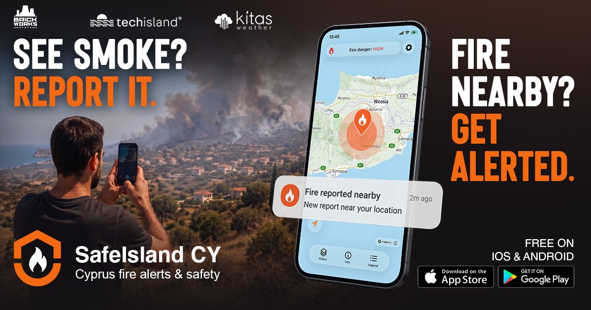 techislandcy's tweet photo. FIRE NEARBY? GET ALERTED.
TechIsland &amp; Brickworks Games, in collaboration with Kitas Weather, have launched SafeIsland CY — a free app to report smoke/fire, receive nearby alerts &amp; access fire-safety info across Cyprus.
Download it before you need it: https://t.co/724y7Mv26X https://t.co/7qb62VAKfn