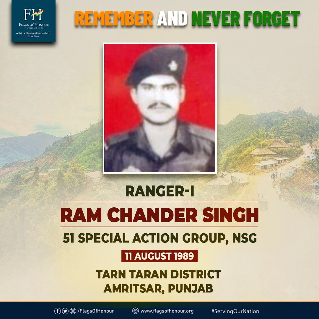 FlagsOfHonour's tweet photo. Ranger-I Ram Chander Singh, 51 Special Action Group, @nsgblackcats, made the supreme sacrifice on 11 August 1989 while fighting terrorists in Tarn Taran district, Punjab.

His courage, valour, and dedication to the nation will always be remembered.

#ServingOurNation 🇮🇳 https://t.co/L4ZtXNVu5o