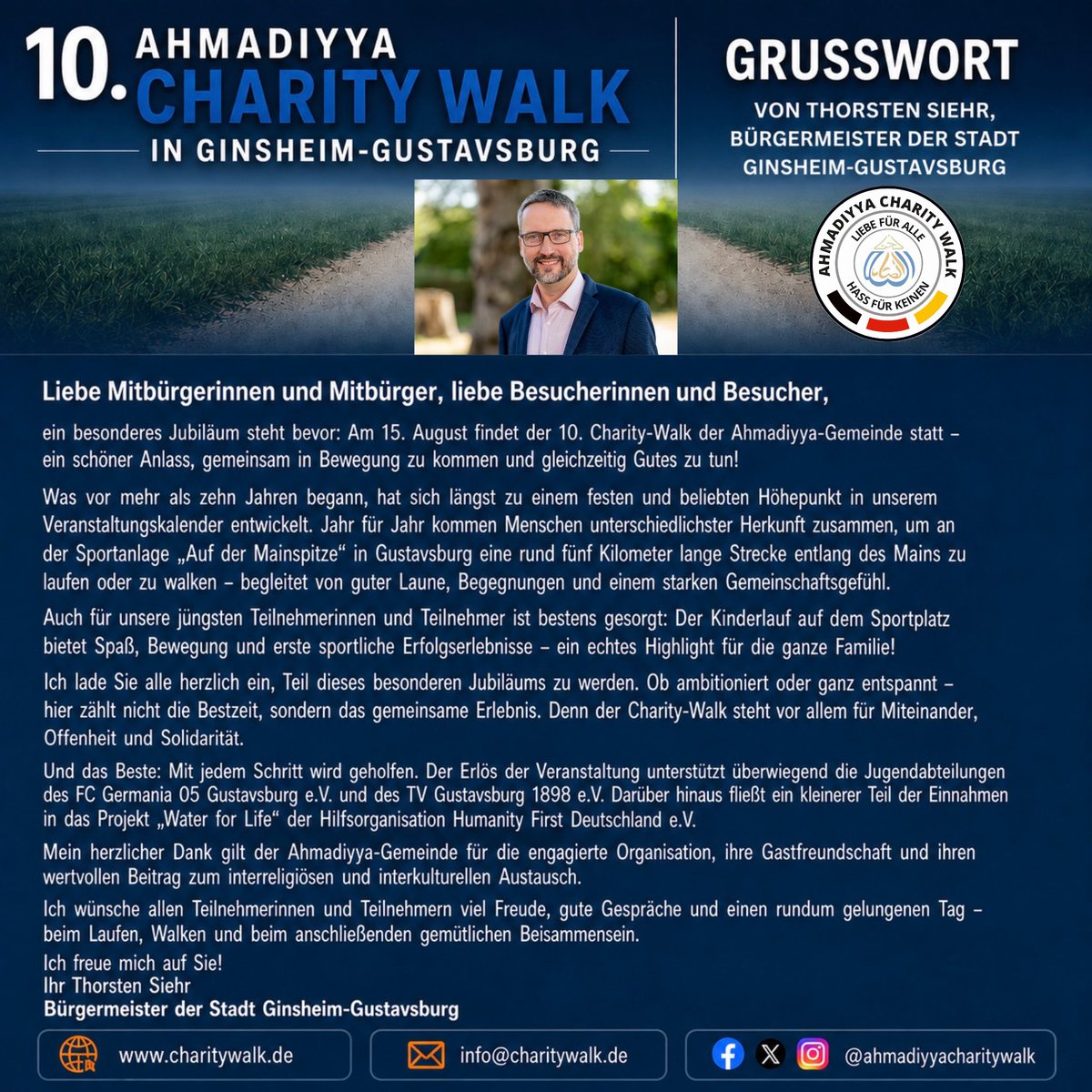 ahmadiyyacw's tweet photo. Herzlichen Dank an Herrn Thorsten Siehr, Bürgermeister der Stadt Ginsheim-Gustavsburg, für das freundliche Grußwort zum 10. Ahmadiyya Charity Walk. Das Grußwort finden Sie ebenfalls auf unserer Webseite:
https://t.co/lJnqdBwxi4

#ahmadiyyacharitywalk #ginsheimgustavsburg https://t.co/WqCbPgbdOM