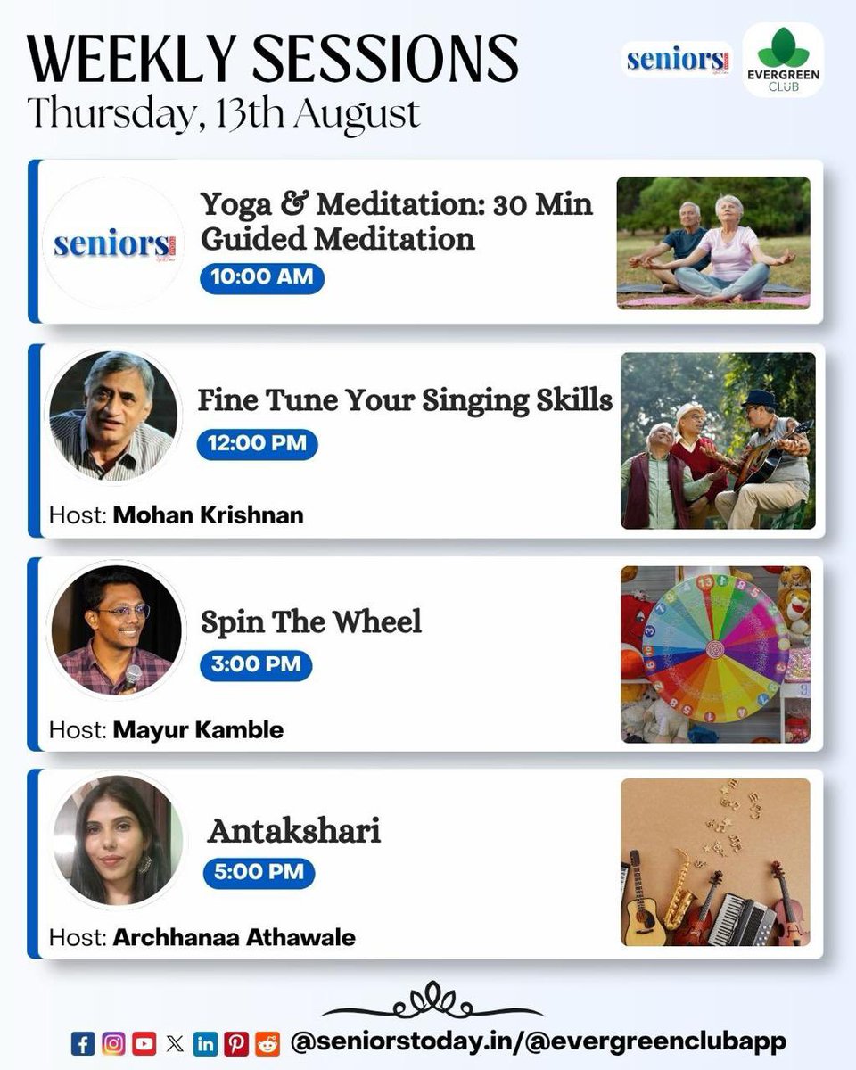 EvergreenClubIN's tweet photo. Weekly Sessions - Thursday, 13th August 🌿

Join us for a day filled with wellness, music, fun, and engaging activities designed especially for seniors.

🔗 Book Now - https://t.co/gsz2eWHS93

#weeklysessions #seniorstoday #evergreenclub #yoga #seniorcommunity https://t.co/uajkxSxojp